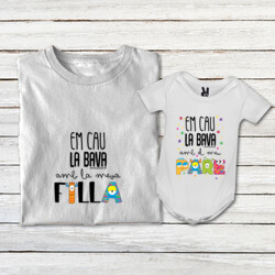 "EM CAU LA BAVA AMB LA MEVA FILLA + EM CAU LA BAVA AMB EL MEU PARE" Pack 1 samarreta adult + 1 body bebè