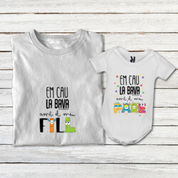"EM CAU LA BAVA AMB EL MEU FILL + EM CAU LA BAVA AMB EL MEU PARE" Pack 1 samarreta adult + 1 body bebè blanc