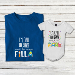 "EM CAU LA BAVA AMB LA MEVA FILLA + EM CAU LA BAVA AMB EL MEU PARE" Pack 1 samarreta adult + 1 body bebè
