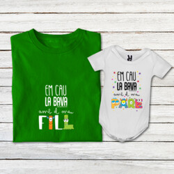 "EM CAU LA BAVA AMB EL MEU FILL + EM CAU LA BAVA AMB EL MEU PARE" Pack 1 samarreta adult + 1 body bebè blanc