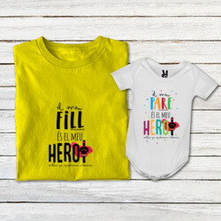 "EL MEU FILL ÉS EL MEU HEROI + EL MEU PARE ÉS EL MEU HEROI" Pack 1 samarreta adult + 1 body bebè blanc