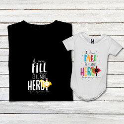 "EL MEU FILL ÉS EL MEU HEROI + EL MEU PARE ÉS EL MEU HEROI" Pack 1 samarreta adult + 1 body bebè blanc