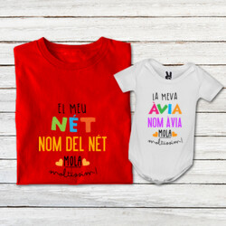 "EL MEU NÉT MOLA MOLTÍSSIM - LA MEVA ÀVIA MOLA MOLTÍSSIM" Pack 1 samarreta adult + 1 body bebè blanc