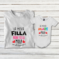 "LA MEVA FILLA MOLA MOLTÍSSIM personalitzable - LA MEVA MARE MOLA MOLTÍSSIM" Pack 1 samarreta DONA personalitzable + 1 body bebè blanc