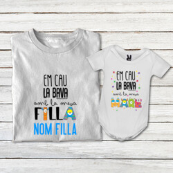 "EM CAU LA BAVA AMB LA MEVA FILLA personalitzable + EM CAU LA BAVA AMB LA MEVA MARE" Pack 1 samarreta adult + 1 body bebè blanc