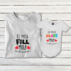 "EL MEU FILL MOLA MOLTÍSSIM - LA MEVA MARE MOLA MOLTÍSSIM" Pack 1 samarreta DONA + 1 body bebè blanc