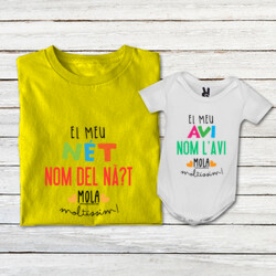 "EL MEU NÉT MOLA MOLTÍSSIM - EL MEU AVI MOLA MOLTÍSSIM" Pack 1 samarreta adult + 1 body bebè blanc